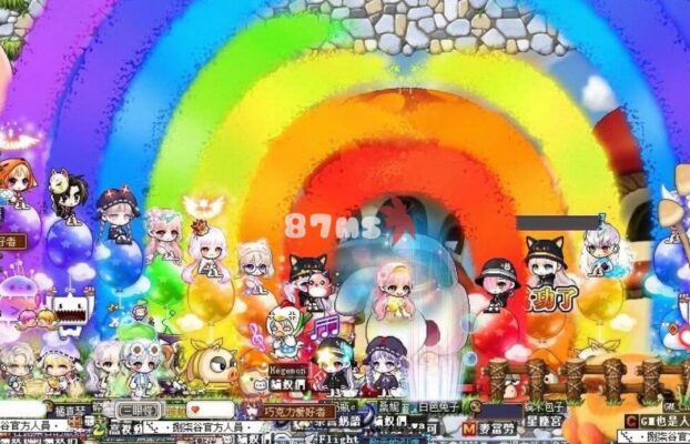 圖片展示 87 谷遊戲玩家聚集於彩虹背景活動場景中，熱鬧非凡。角色們騎乘彩色氣球、互動交流，背景充滿繽紛顏色，營造出快樂與團結的氛圍。此畫面體現了遊戲社群的凝聚力及玩家對活動的積極參與，適合展示社群活動的歡樂氛圍及遊戲特色。
