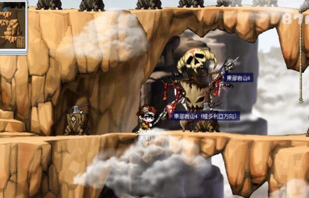 這張圖片來自經典線上遊戲《楓之谷》（MapleStory），顯示玩家角色正在東部岩山區域冒險。畫面中的場景帶有荒涼的岩壁與懸崖，充滿神秘氣息，並且有怪物「死靈樹精」與「木妖」分布於地圖各處。地圖名稱標示為「東部岩山4（維多利亞方向）」和「東部岩山6」，顯示這裡是通往維多利亞島的重要區域之一。遊戲內經典的橫向捲軸風格搭配厚重的雲霧與原始風格的怪物設計，營造出強烈的探索感與冒險氛圍。