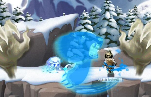 這張圖片來自《楓之谷》（MapleStory），展示了一個冰雪覆蓋的場景，背景是白雪皚皚的森林。畫面中的角色正在施展強大的寒冰技能，召喚出巨大的藍色狼魂攻擊敵人。攻擊特效展現出冰冷的爪痕與狼影，營造出極具衝擊力的戰鬥畫面。敵方怪物則是一個身披骷髏盔甲的敵人，正面臨猛烈的攻擊。整體氛圍充滿冰雪魔法與戰鬥張力，展現了角色的強大技能與遊戲中的動態戰鬥效果。