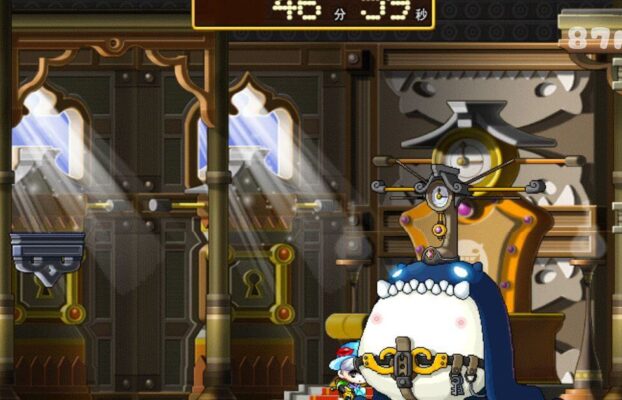 這張圖片來自經典 MMORPG《楓之谷》（MapleStory），場景位於玩具城（Ludibrium）深處的時鐘塔，玩家正面對 BOSS 帕普拉圖斯（Papulatus）。這隻 BOSS 以機械風格設計，擁有一個巨大、帶有時鐘齒輪的肚子，頭頂還有一座鐘擺機械裝置。戰鬥區域的背景充滿金屬與蒸汽朋克元素，窗戶透出微弱的光線，營造出神秘的氛圍。這是許多老玩家的回憶之一，因為帕普拉圖斯曾是楓之谷中最具挑戰性的 BOSS 之一。