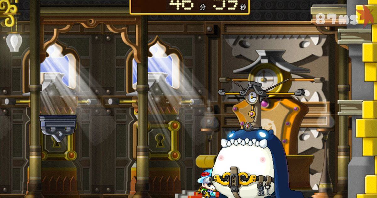 這張圖片來自經典 MMORPG《楓之谷》（MapleStory），場景位於玩具城（Ludibrium）深處的時鐘塔，玩家正面對 BOSS 帕普拉圖斯（Papulatus）。這隻 BOSS 以機械風格設計，擁有一個巨大、帶有時鐘齒輪的肚子，頭頂還有一座鐘擺機械裝置。戰鬥區域的背景充滿金屬與蒸汽朋克元素，窗戶透出微弱的光線，營造出神秘的氛圍。這是許多老玩家的回憶之一，因為帕普拉圖斯曾是楓之谷中最具挑戰性的 BOSS 之一。