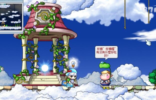 這張圖片來自經典 MMORPG《楓之谷》（MapleStory），場景位於**奧爾比斯庭院（Orbis Garden）**的一處神秘神殿。背景環繞著藍天白雲，充滿仙境般的夢幻氛圍，建築上蔓延著藤蔓與綠葉，使其更具奇幻色彩。 畫面右側是一位 NPC 「肚子餓的豬豬」，頭戴青蛙帽，正發出對話：「好餓、好餓喔，有沒有什麼好吃的？」這是遊戲內的互動角色之一，與某些任務相關。主角站在場景中央，身旁的光球散發出神秘的能量，可能是某個傳送點或關鍵任務的觸發點。這張圖片充滿懷舊感，讓玩家回憶起楓之谷早期探索奧爾比斯的冒險旅程。
