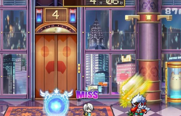 這張圖片來自於《楓之谷》（MapleStory），場景是一個高樓都市風格的遊樂園副本，玩家正在與一個Boss進行戰鬥。畫面中央的電梯門上有著可愛的表情圖案，背景則是都市的夜景，充滿霓虹燈與高樓大廈，展現出未來科技感。畫面中右側的怪物正發動攻擊，而玩家的角色則正面對挑戰，Miss的字樣表示攻擊未命中。此外，右側的膠囊裝置內似乎封印了一隻可愛的生物，為場景增添神秘感。這是《楓之谷》中一個充滿挑戰性的Boss戰場景，可能是遊戲中的某個副本或任務的一部分。