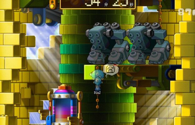 這張圖片來自經典 MMORPG《楓之谷》（MapleStory），場景位於玩具城（Ludibrium）的鐘塔深處。背景是以黃色積木為主的建築風格，呈現出機械感十足的地圖設計，玩家正在攀爬繩索，準備面對強大的機器守衛怪物（Timer及其他機械敵人）。這是遊戲內著名的訓練與挑戰區域，勾起許多老玩家的回憶。