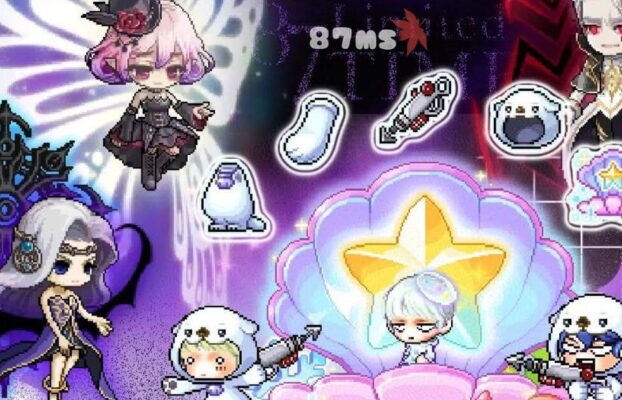 這張圖片展示了楓之谷（MapleStory）懷舊私服（Private Server）的遊戲畫面，風格充滿復古與幻想元素。畫面中央是一顆發光的星星，周圍圍繞著不同的遊戲角色與裝備，部分角色穿著可愛的海豹裝，增添了趣味性。上方可見一些高人氣的BOSS角色，如黑魔法師與露希妲，背景則帶有神秘的紫色光效，營造出濃厚的魔幻氣息。整體氛圍融合了經典楓之谷的遊戲回憶，適合用來宣傳懷舊服的獨特魅力，吸引老玩家回歸遊戲世界。